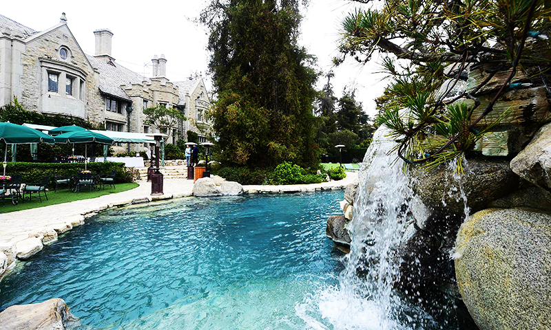 This file photo taken on May 11, 2016 shows the swimming pool at the Playboy Mansion on in Holmby Hills, Los Angeles, California. â AFP