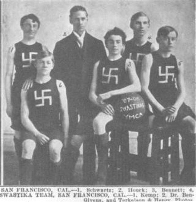 The 1908 San Francisco YMCA basketball team proudly displaying their swastikas.