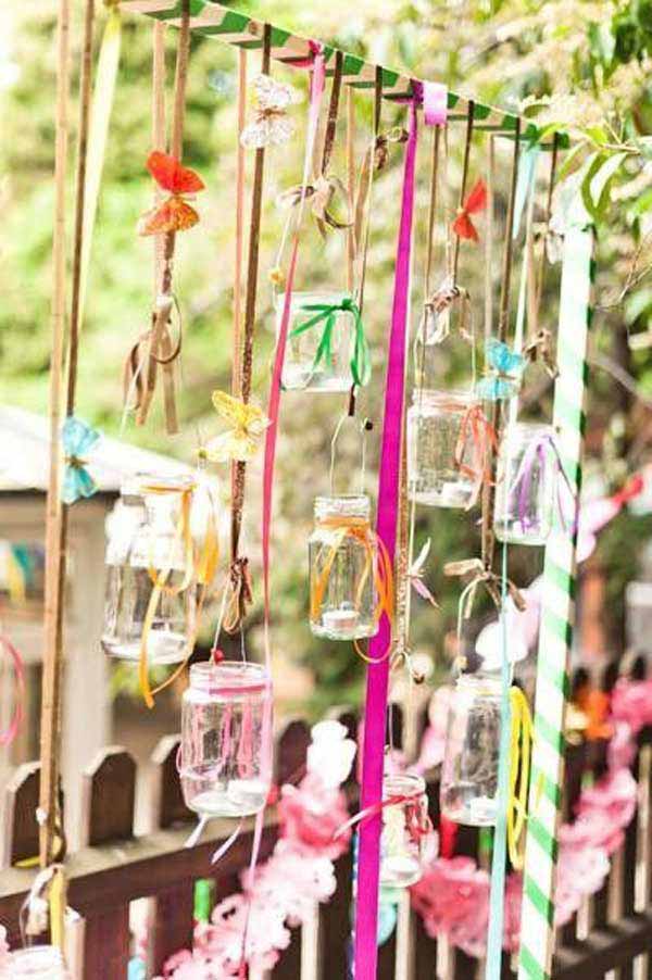 mason jars with ribbons and butterflies